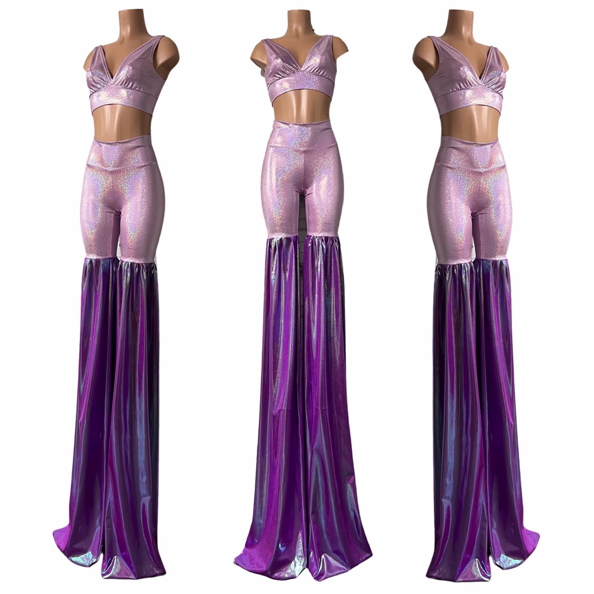 Leggings Style Stilt Pants With Starlette Bralette Set Created in Lilac Holographic, Flare Plumeria 1579124