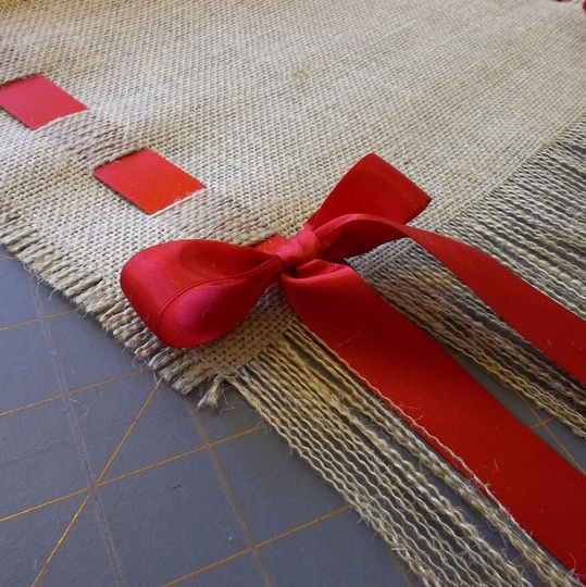 Premium Natural Burlap Table Runner With Red Satin Ribbon & Fringe