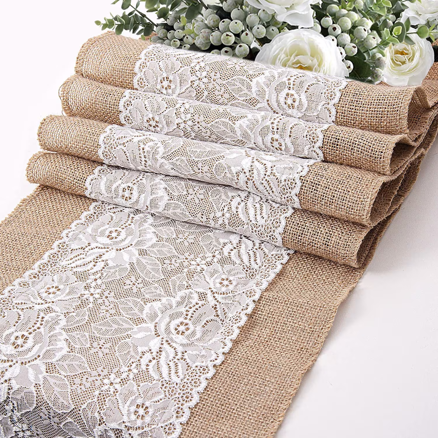 Burlap Table Runner With Lace 1Pc Rustic Natural Jute Hessian Cloth Farmhouse Style For Wedding Party Decoration