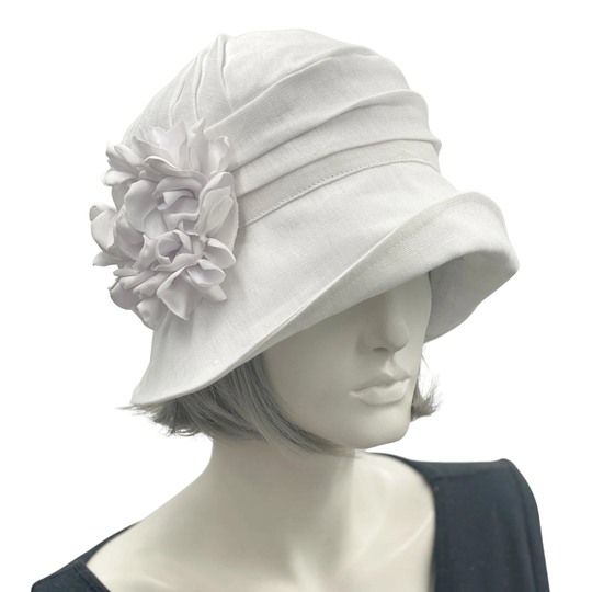 White Wedding Hat, Derby 1920S Linen Cloche Hat With Hydrangea Petal Brooch, Women Summer Hats, Handmade in The Usa