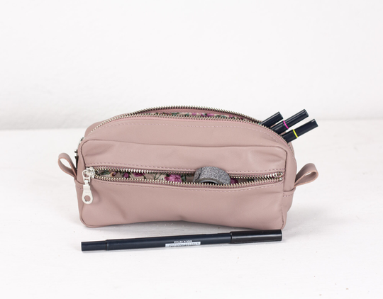 Beige Pink Leather Pencils Case, Rectangular Accessory Bag Purse Case Glasses Markers Zipper Pouch - The Brick