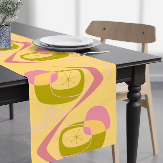 Retro Table Runner, Mid Century Modern Yellow, Pink, Green Atomic Boomerang Starburst Kitchen, Bedroom, Livingroom Runner