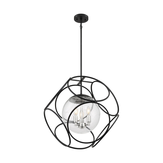 Aurora 3-Light Pendant Fixture - Black and Polished Nickel Finish with Clear Seeded Glass - Black / Polished Nickel