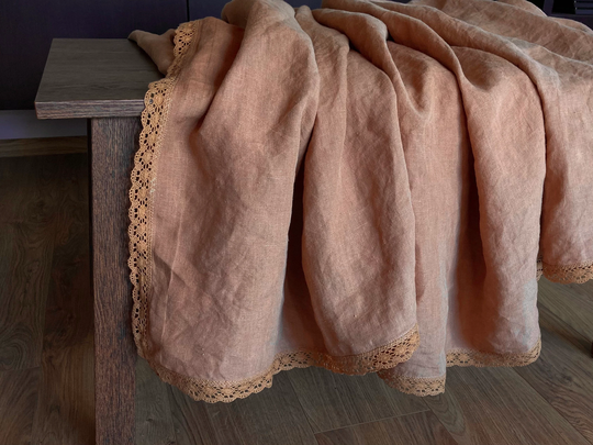 Camel Brown Linen Table Cloth With Lace Trim, Rectangle Pure Flax Fabric Crochet For Dining Table, Kitchen Drapery