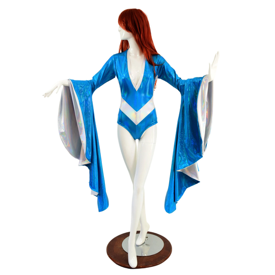 Peacock Holo Siren Cut Romper with Plunging V Neck, Sorceress Sleeves, Flashbulb Front & Side Panels, Trim & Sleeve Liner 1579244