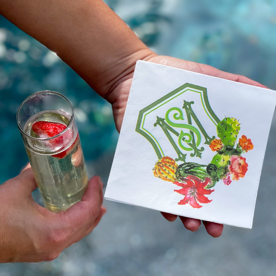 Full Color 3Ply Monogram Napkins, Cactus Flower Cocktail Colorful Floral Wedding Beverage Napkins