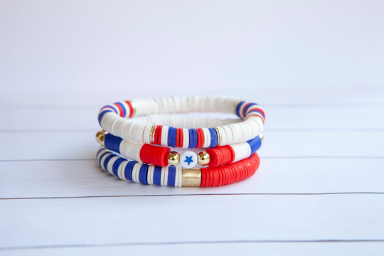 Red White & Blue Bracelet | 8mm 1 Or 3 Bracelets Stack Clay Disc Patriotic America Jewelry Gift For Her