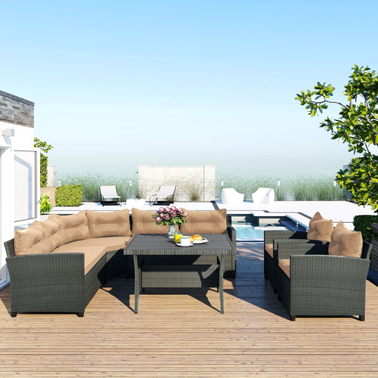 6-Piece Outdoor Wicker Sofa Set, Patio Rattan Dinning Set, Sectional Sofa with Thick Cushions and Pillows