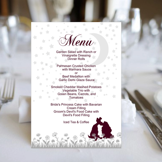 Lady & The Tramp Table Menus Order Only What You Need | Menu Cards Plum Silver #tm-0810-1 #ladyandthetramp