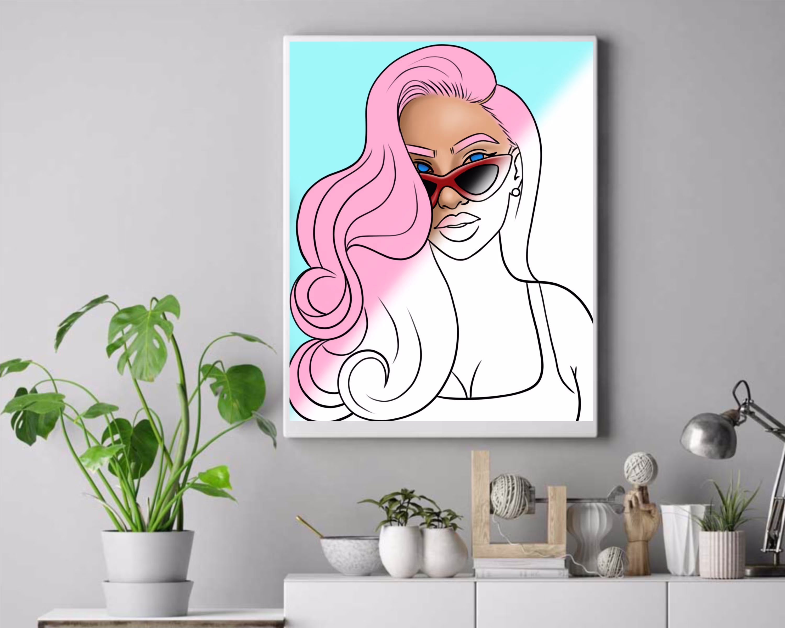 Pink Hair Vintage Glasses Pre Drawn Outline Diy Stretched Canvas Panel For Adults Teens Paint Party Lady Hats & Sip Wholesale Bulk