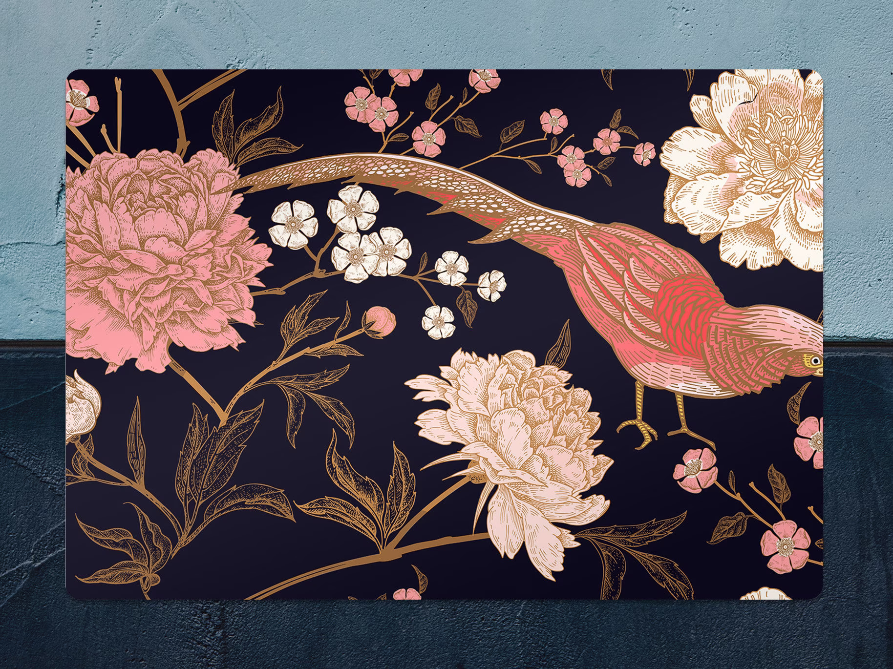 Peony With Exotic Bird Chair Mat, Beige Splat Red Vinyl Floor Animals Protective Decorative Gift Idea