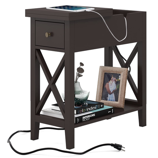 End Table with Flip Top and Charging Station, Narrow Side Table with Storage Cabinet and USB, Skinny Sofa Table