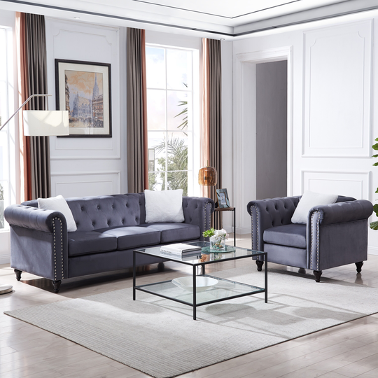 2 Piece Living Room 3-Seater Sofa and Sofa Chair, with Button and Copper Nail on Arms and Back,3 Villose Pillow