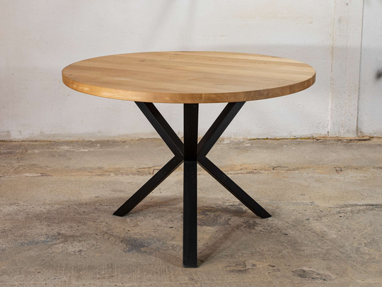 Round Dine Table With Steel Legs, Oak Kitchen Round/Industrial Table, Wooden Solid Wood