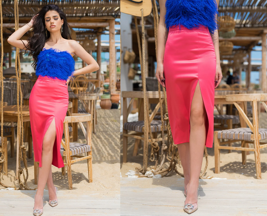 Satin Midi Slit Skirt/Pencil Elegant Skirt/ High Waist With Stylish Women