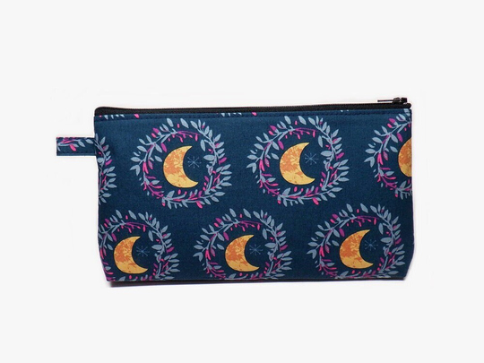 Tall Pencil Case, Back To School, Student Supplies, Standing Large Pouch, Celestial Moon Leafy Wreath Pouch