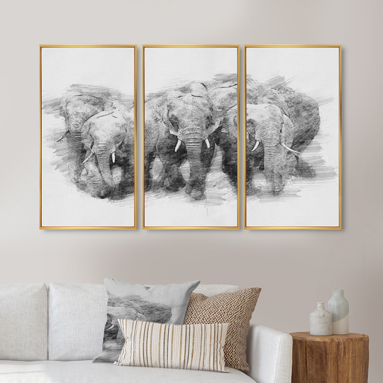 Designart 'Black and White Elephant in Pencil Sketch ' Animal Framed Art Prints Set of 3 - 4 Colors of Frames