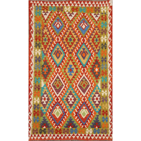 Geometric Colorful Kilim Oriental Area Rug Flat-weave Wool Carpet - 4'9"x 7'4"