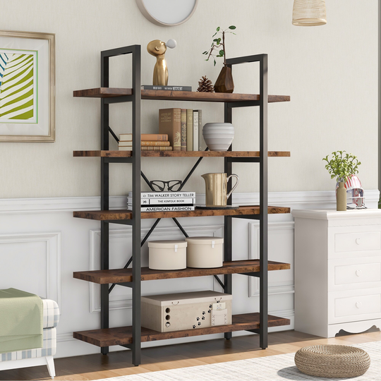 5 tier Bookcase with Rustic Wood and Metal