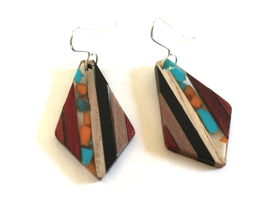 Wood Resin Earrings Dangle Earth Colors Stripe Confetti Statement Jewelry Wooden Block Color Unique Kite Shape Drop Earring Jewelry