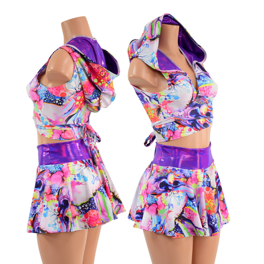 Dreamscape Wrap & Tie Crop Hoodie Culotte Set With Grape Holographic Hood Liner Waistband 1579233