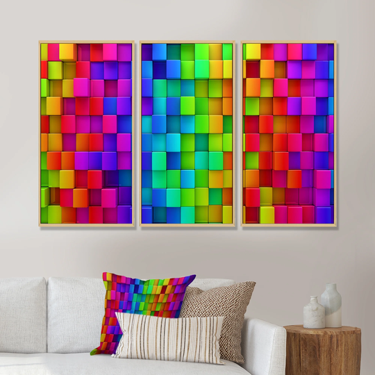 Designart 'Rainbow Of Abstract Colorful Blocks' Patterned Framed Canvas Wall Art Set of 3 - 4 Colors of Frames