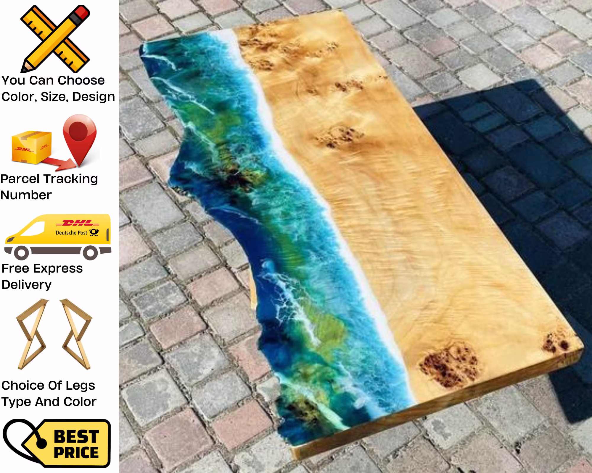 Epoxy Ocean Wave Table, Modern Sea Dining Live Edge Wooden Effect New Home Gift
