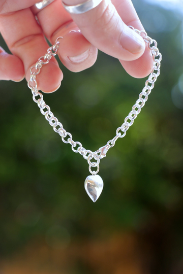 Silver Heart Bracelet, 4mm Thick Rolo Chain Link Big Puff Charm Women Statement Jewelry Gift