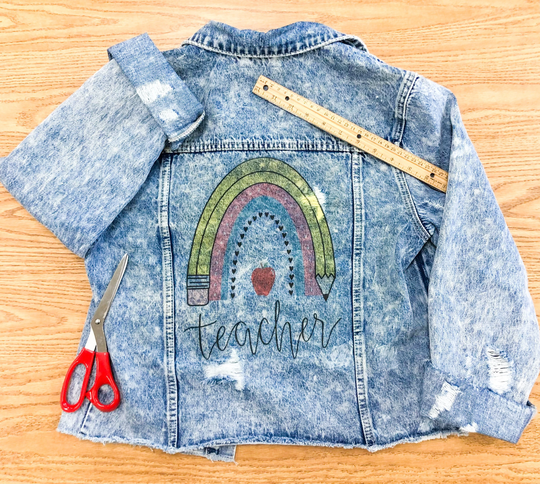 Teacher Jacket/ Elementary Education Teach Jean Denim Pencil Rainbow Apple School Jacket