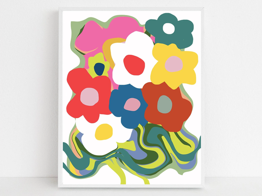 Bright Color Flower Print - Colorful Abstract Garden Wall Art Vibrant Daisy Picture Whimsical Fun Summer White Yellow Pink Green