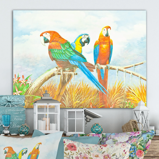 Designart 'Colorful Macaw Parrot Painting' Farmhouse Canvas Wall Art