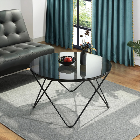 Round Coffee Table with Black Glass and Metal Frame - 32"Wx32"Dx19"H