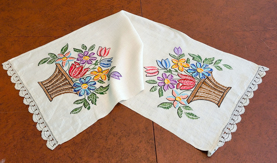 Flower Basket Table Runner Or Bureau Scarf, Hand Embroidered in Bold Colors On Cream Linen, Crochet Trim 44" X 16.75" Excellent Vintage Cond