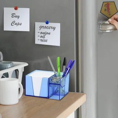 Desktop Organizer Pencil Paper Clip Caddy Holder (Plastic) (With Paper) (Clear Blue Color)