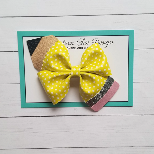 Polka Dotted Pencil Hair Bow, Back To School Twisted Pinch Bow
