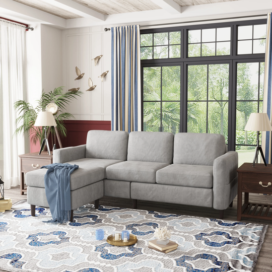 L-Shape 3-Seater Sectional Sofa with Side Pocket, Movable Ottoman