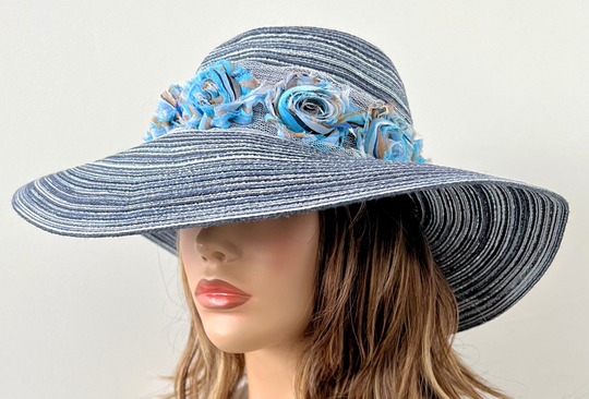 Blue Wide Brim Sun Hat, Beach | Upf 50 Foldable Straw Floppy Hat Size 22.5" Up To 23" Ready Ship