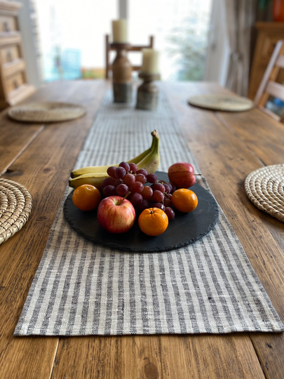 Black & Natural Stripe 100% Linen Table Runner