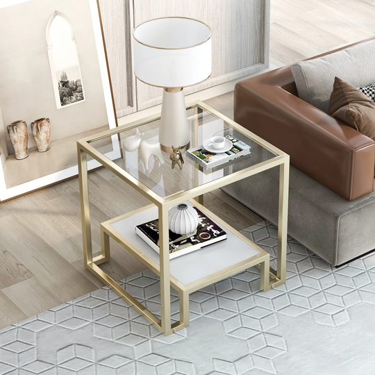 2-Tier Sofa Side Table Living Room End Table Metal with Tempered Glass
