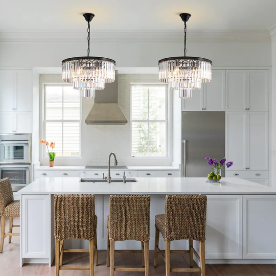 20 in. Round Crystal Chandelier 4 Lights Black Modern Pendant Light 3-Tier Dimmable Kitchen Island Lighting for Bedroom