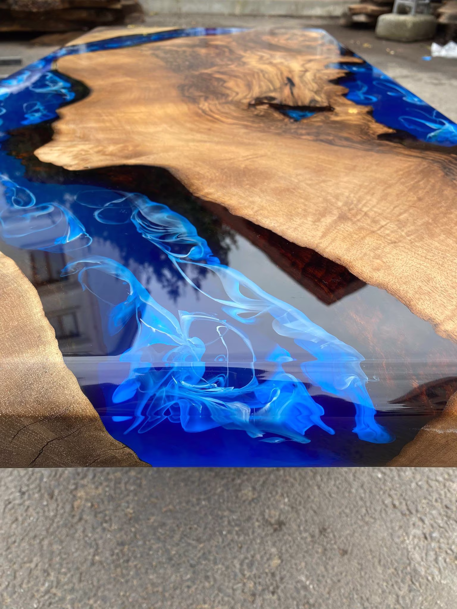 Epoxy Coffee Table, Custom 48" X 22" Walnut Ocean Blue, Turquoise White Waves River Order For Stephanie T