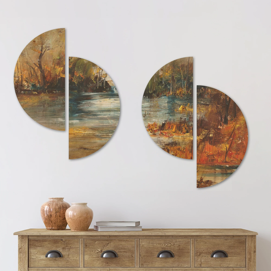 Designart 'Surface of Lake in Forest' Landscape Wood Wall Art Set of 4 Half Circles - Multi-Color