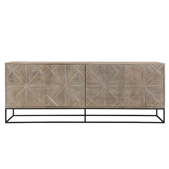 Zion 84" Mango Wood Carved 4-Door Sideboard with Iron Base