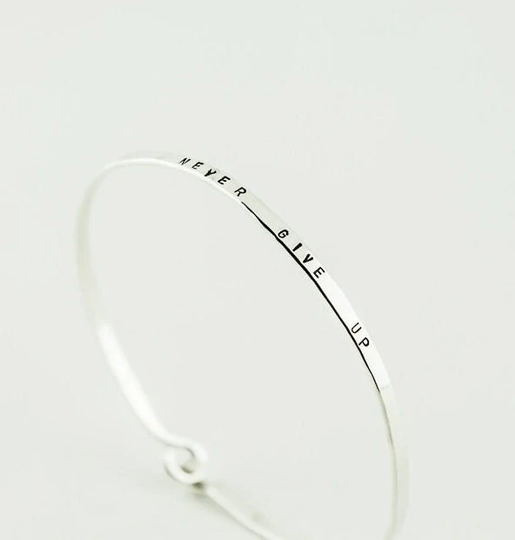 Hand Stamped Bangle, Sterling Silver Cuff Bracelet, Gold Personalized Jewelry, Never Give Up, Inspirational Bangle Bracelet