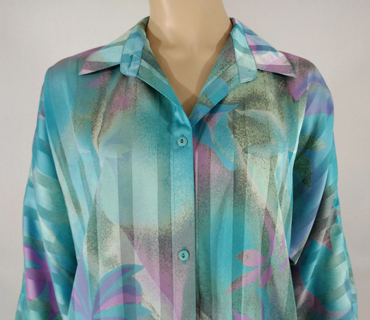 70's Women's Shirt Blouse Colorful Abstract Turquoise Pink Silky Satiny Long Sleeve Gorgeous Excellent Condition Vintage By Mighty Size L