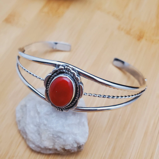 Bamboo Red Coral Bracelet Cuff | Silver Concho With Stone Southwest Dainty Made in Usa