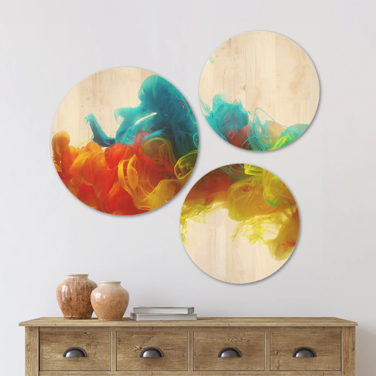 Designart 'Colorful Ink in Water' Abstract Wood Wall Art Set of 3 Circles