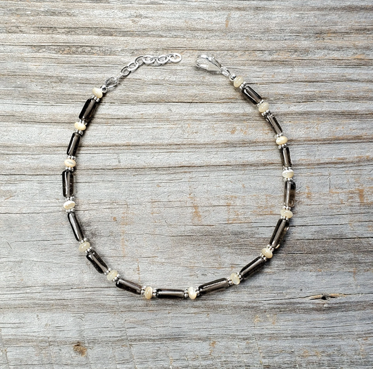 Smoky Quartz & Mother Of Pearl Adjustable Anklet, Two Sizes Available