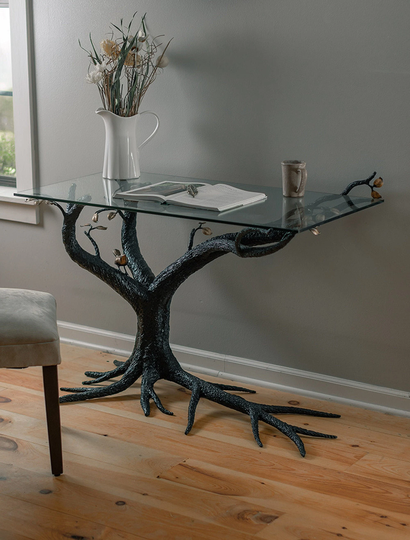 Wrought Iron Table With Rectangular Glass Top, Decorative Table, Base, End Tables Living Room