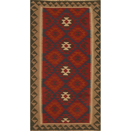 Geometric Multi-Color Kilim Runner Rug Hand-woven Wool Foyer Carpet - 3'2" x 6'7"
